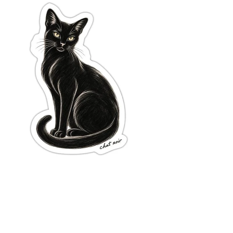 Chat noir au fusain sur Sticker taille M (15 x 15 cm)