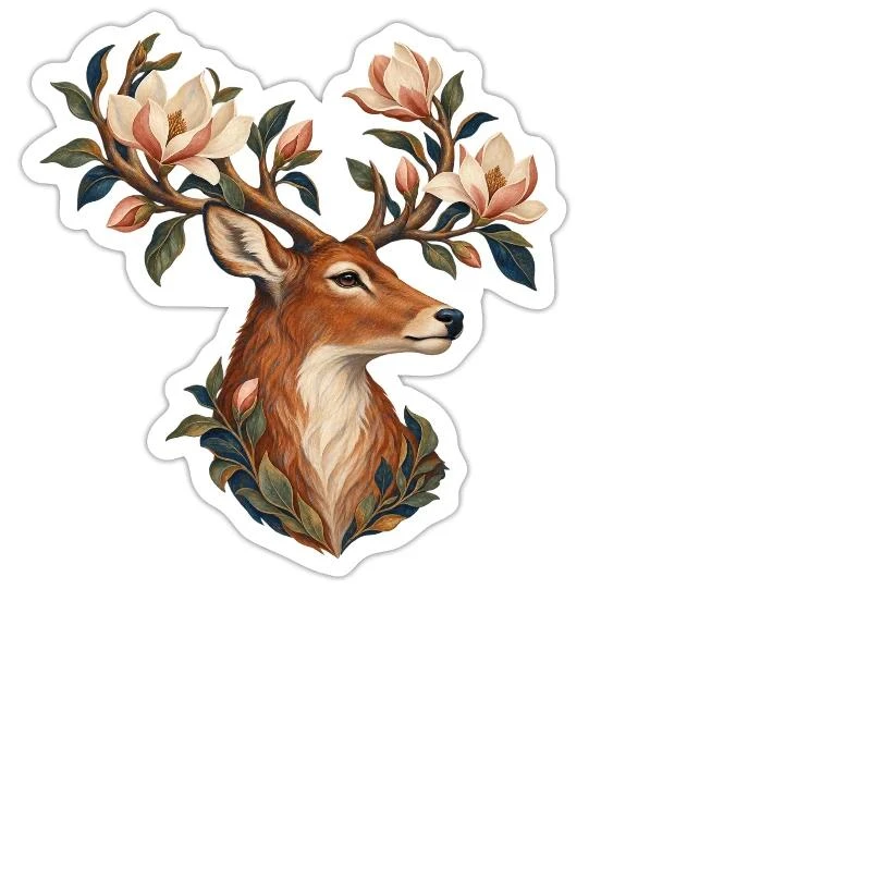 Cerf aux magnolias sur Sticker cerf aux magnolias — taille M · blanc mat