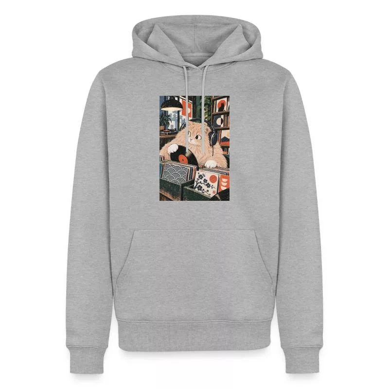 Chat roux et vinyle — Face velours sur Sweat à capuche Premium bio Homme