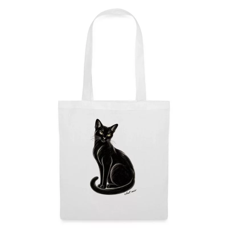 Sac en tissu blanc portant le Chat noir au fusain LaZENco