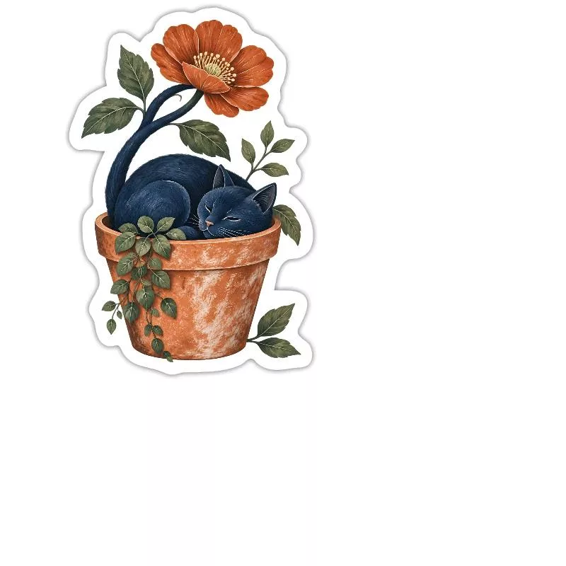 Le jardinier endormi – Chat fleuri sur Sticker taille M (15 x 15 cm)