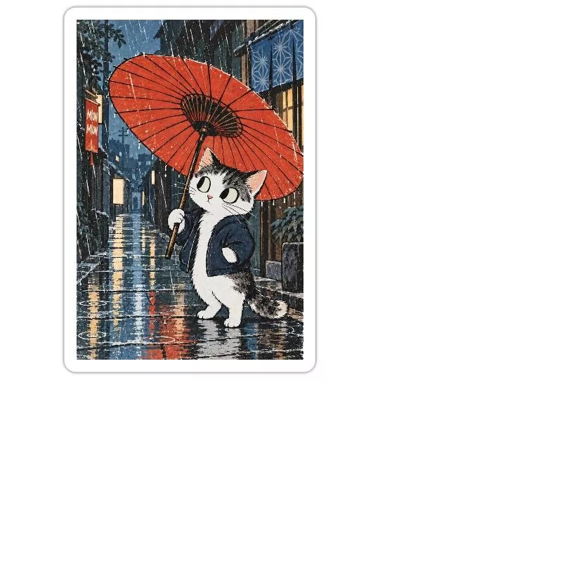Chat au parapluie rouge — Roi de la pluie sur Sticker taille M (15 x 15 cm)