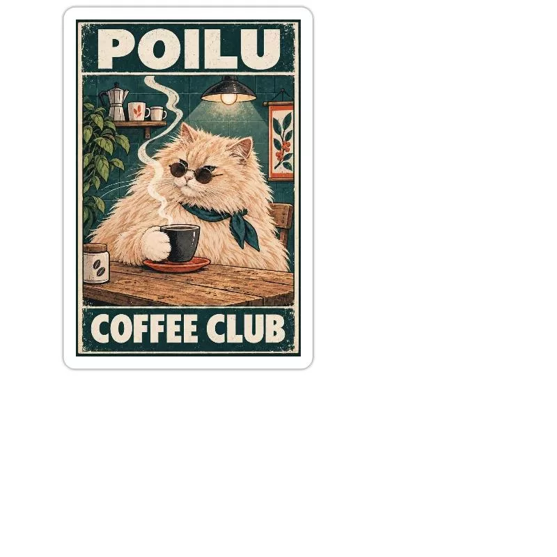 Chat roux au café — Poilu Coffee Club sur Sticker taille M (15 x 15 cm)