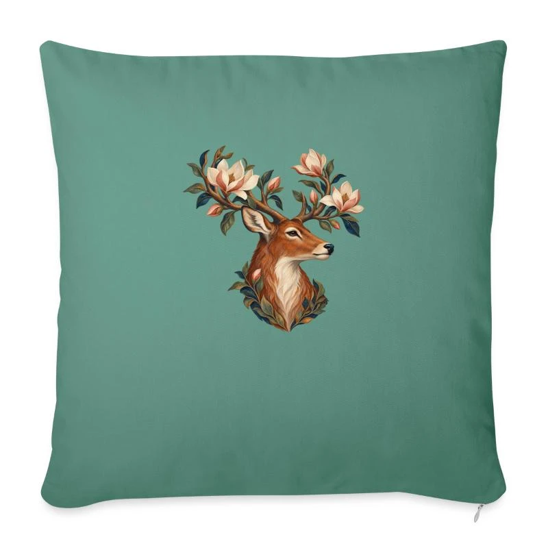 Cerf aux magnolias sur Housse de coussin décorative 45 x 45 cm · vert sapin