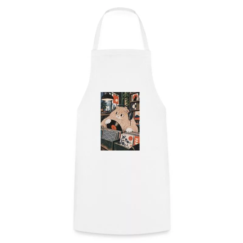 Chat roux et vinyle — Face velours sur Tablier de cuisine