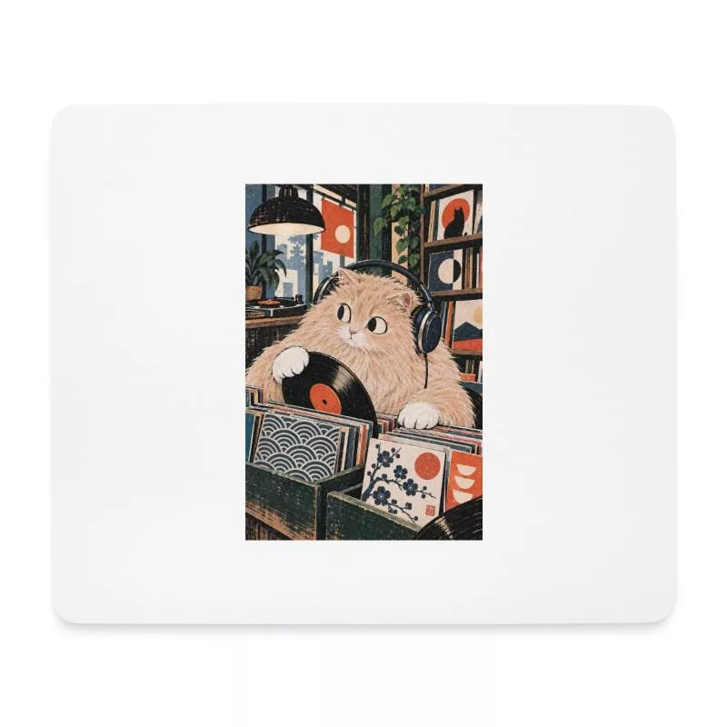 Chat roux et vinyle — Face velours sur Tapis de souris (format paysage)