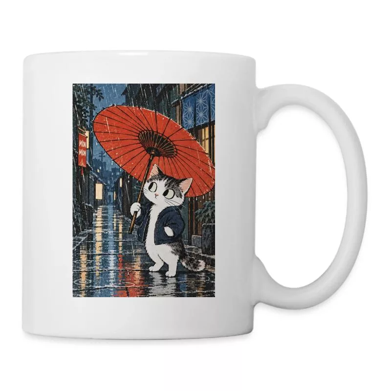 Chat au parapluie rouge — Roi de la pluie sur Mug blanc
