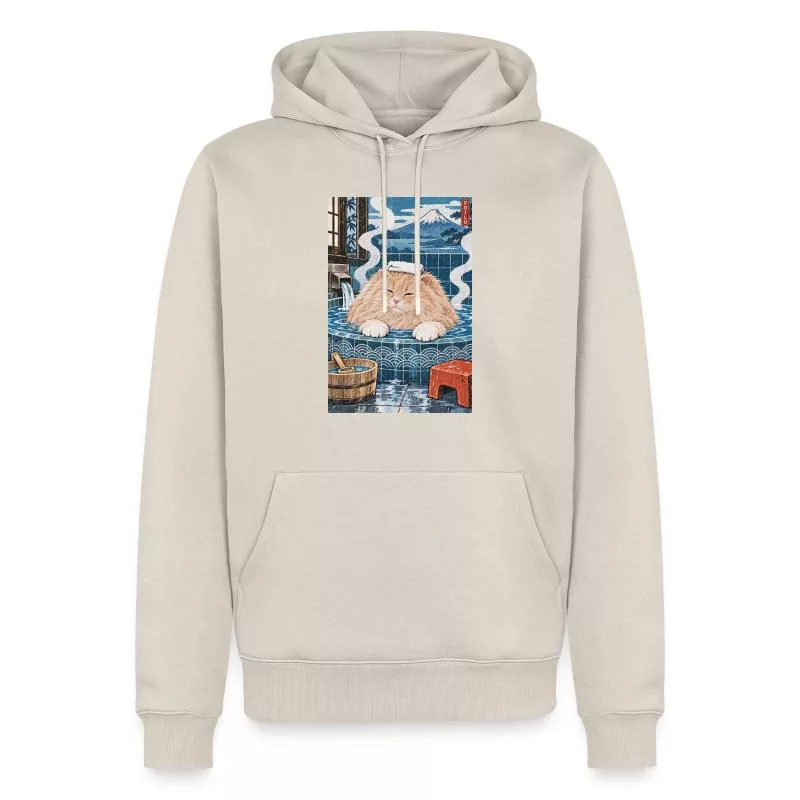 Chat roux au bain japonais — Vapeur douce sur Sweat à capuche Premium bio Homme