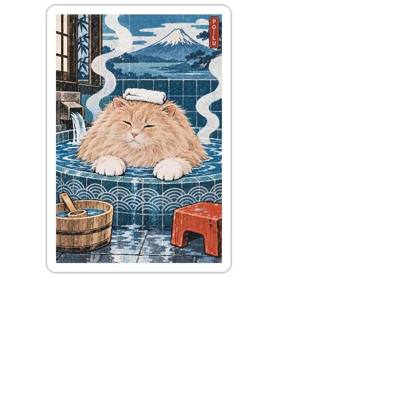 Chat roux au bain japonais — Vapeur douce sur Sticker taille M (15 x 15 cm)