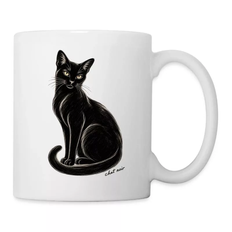 Chat noir au fusain sur Mug blanc