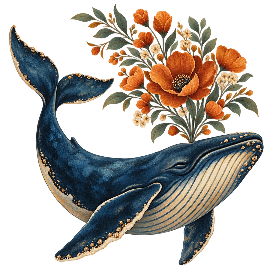 Baleine fleuriste au bouquet orangé