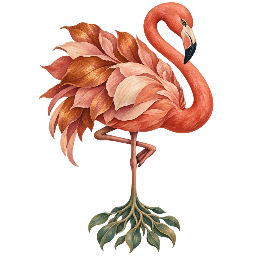 Flamant rose aux plumes et racines végétales