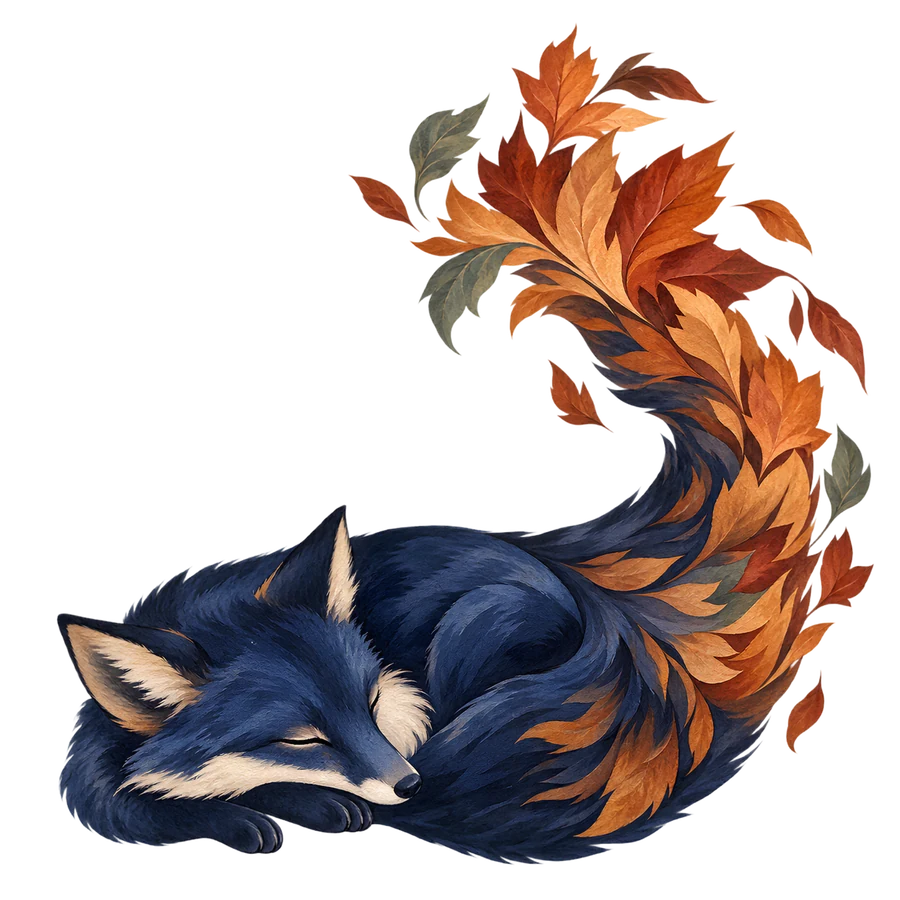 Renard bleu endormi aux feuilles d’automne