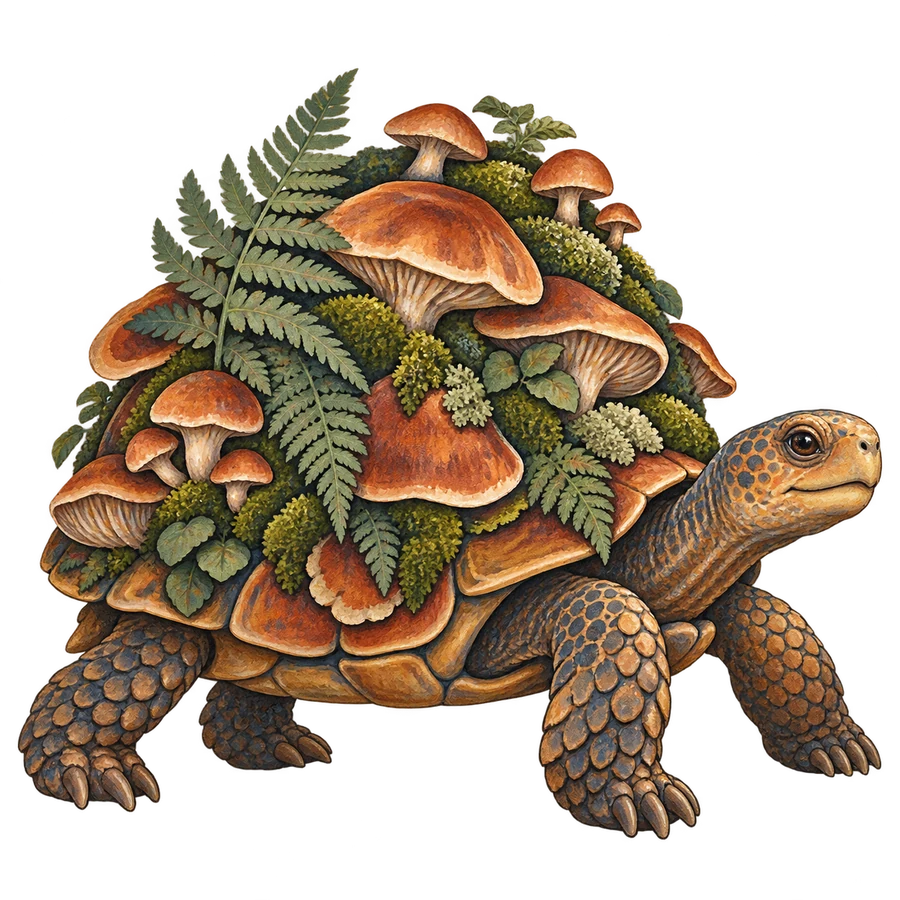 Tortue des sous-bois aux champignons