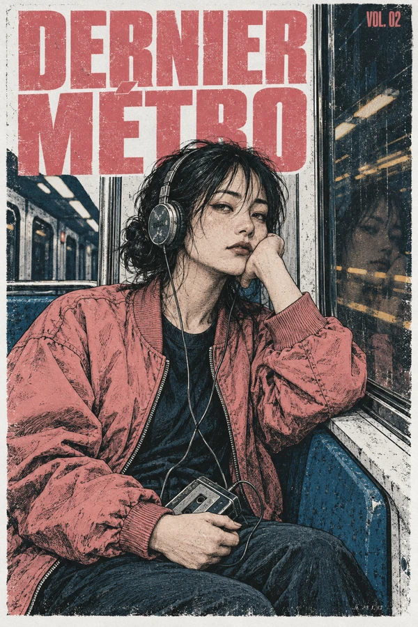 Dernier métro — Portrait au casque, nuit rétro