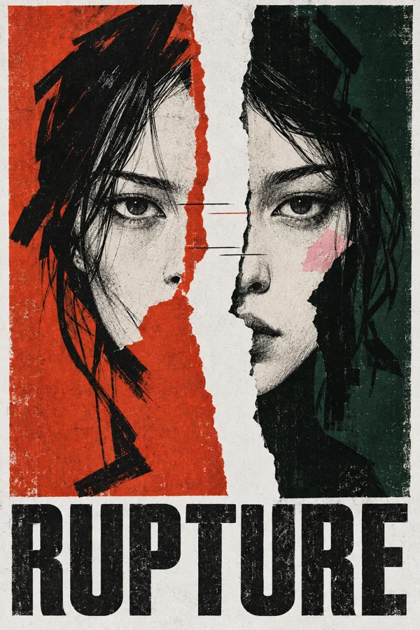 Rupture — Portrait déchiré, rouge et vert sombre