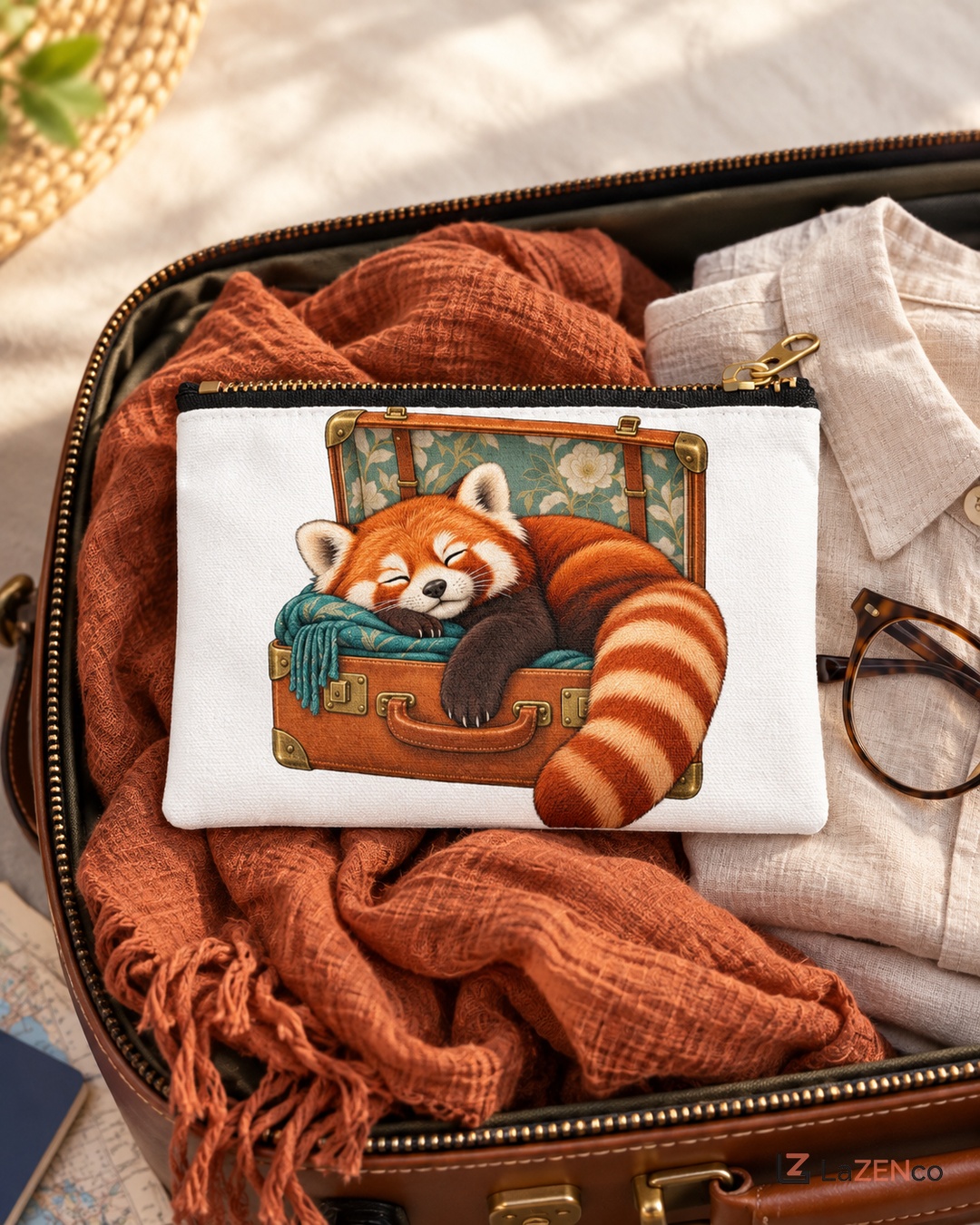 Panda roux endormi dans une valise — image publiée sur Instagram