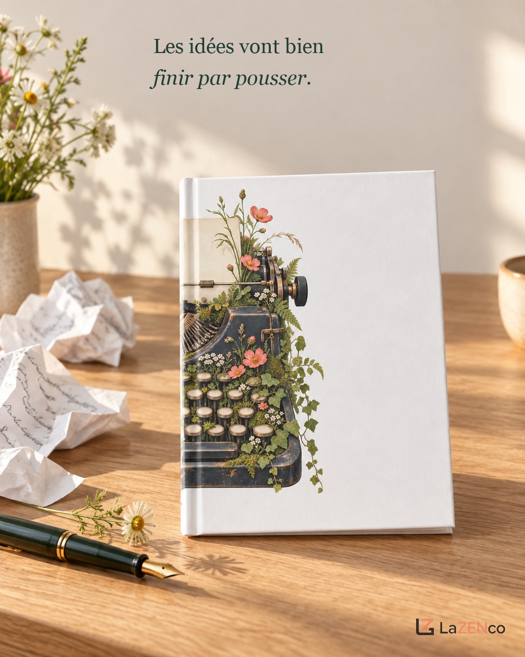 Machine à écrire envahie de fleurs sauvages — image publiée sur Instagram