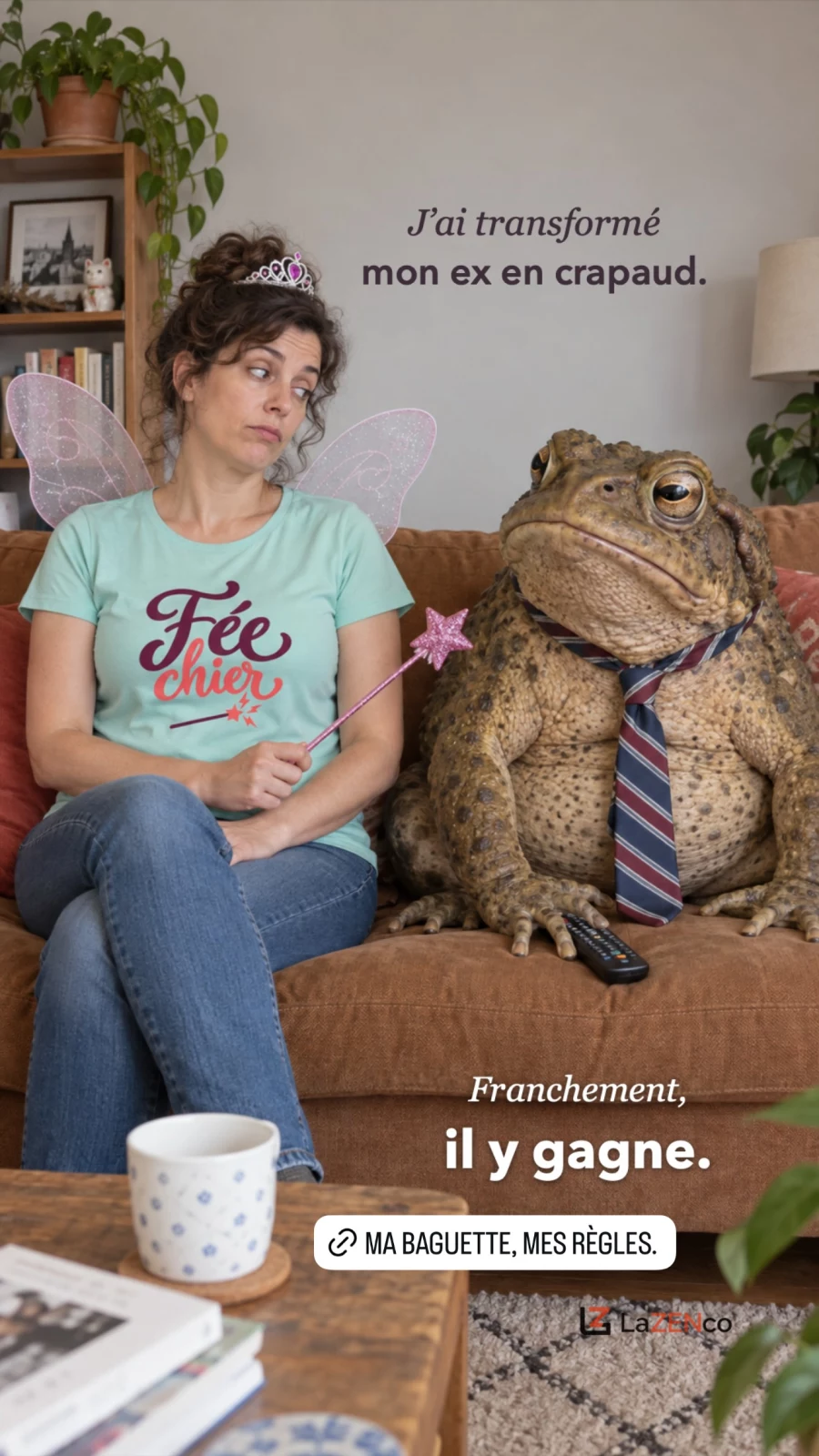 Fée en T-shirt menthe Fée chier à côté du crapaud en cravate sur le canapé.
