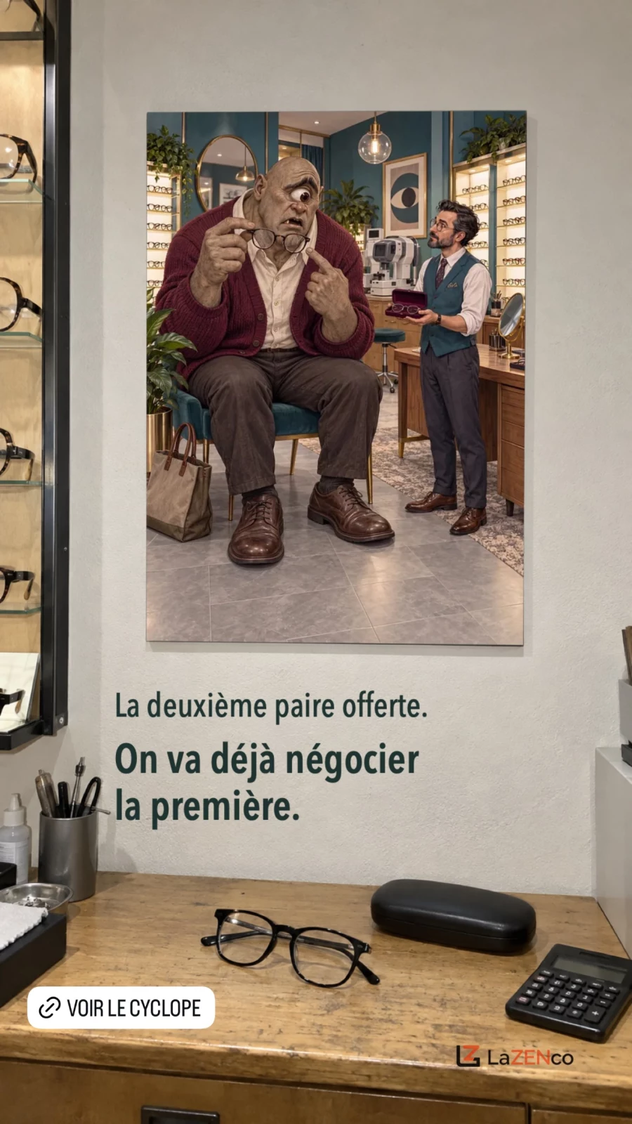 Affiche du cyclope chez l’opticien, tenant des lunettes à deux verres devant son œil unique.