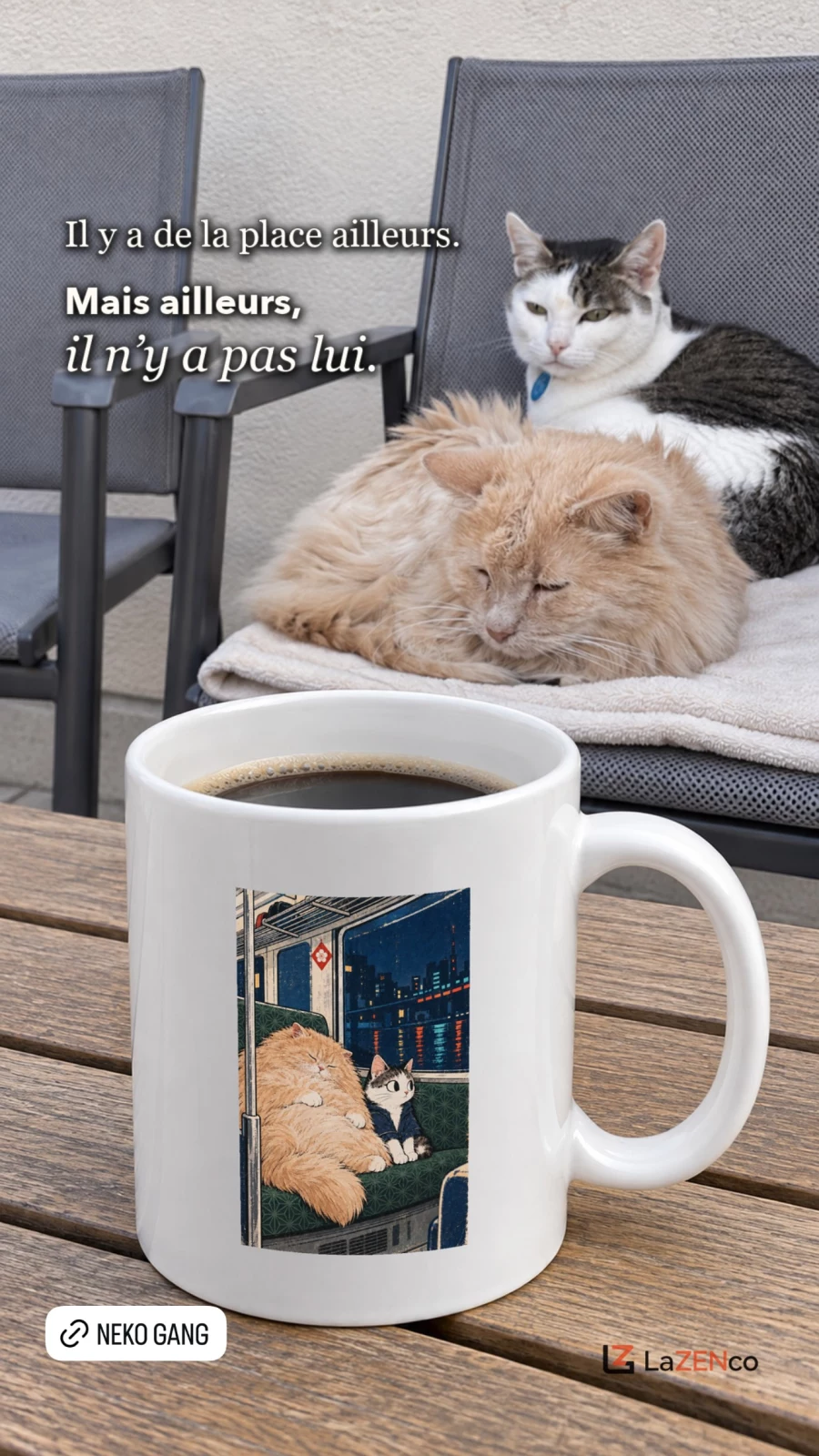 Mug blanc des deux chats dans le train au premier plan ; vrais Poilu et Mimine sur leur fauteuil de terrasse, chaise vide voisine.