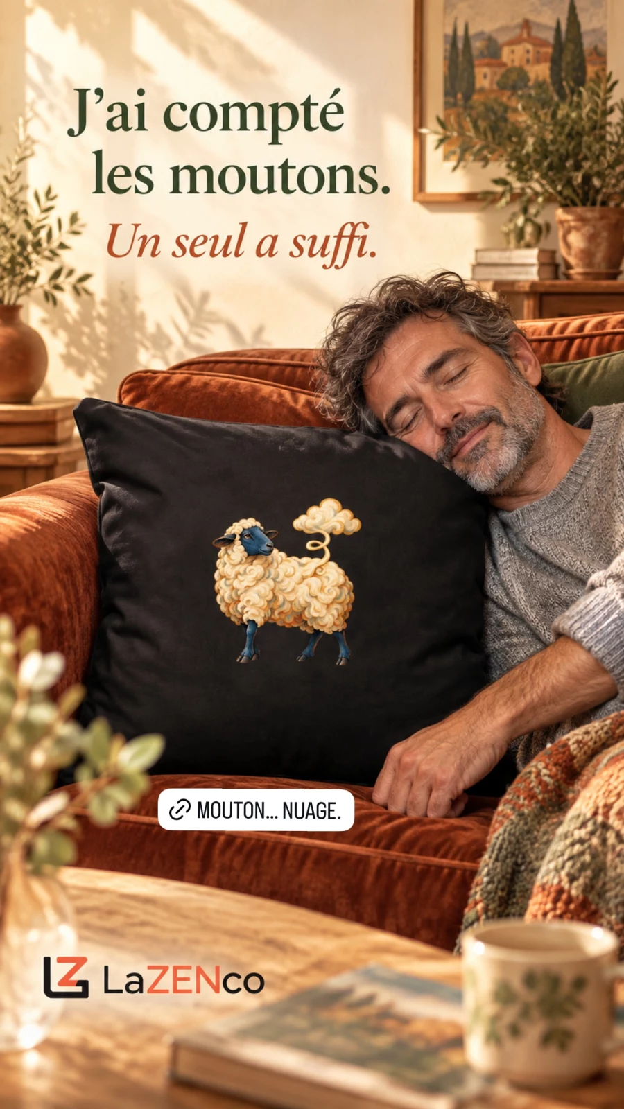 Un homme endormi sur un canapé prend appui sur le coussin noir Mouton dont la laine devient nuage.