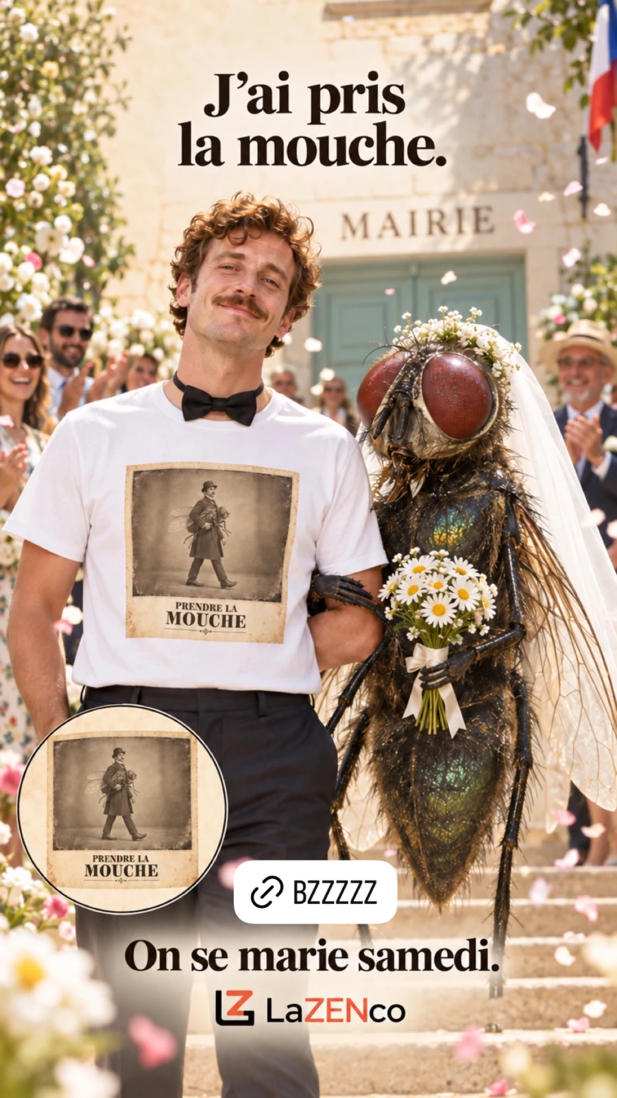 Un marié porte le T-shirt Prendre la mouche au bras d’une mouche géante en robe de mariée.