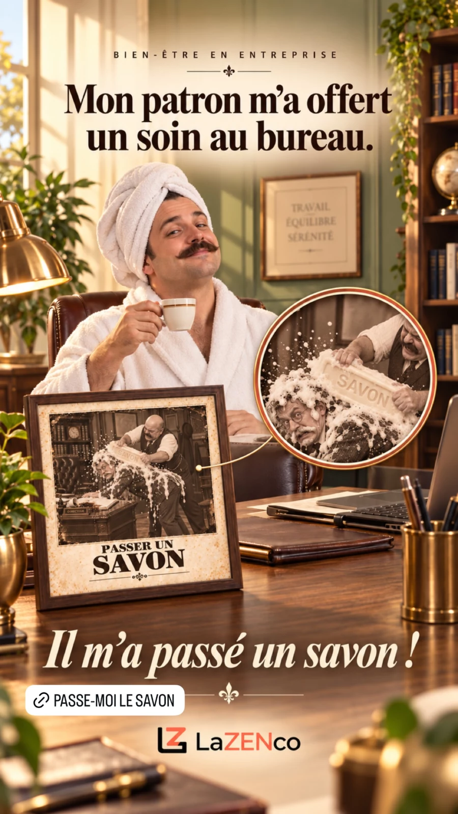 Un salarié en peignoir au bureau présente le visuel Passer un savon, avec une loupe sur le savon géant.