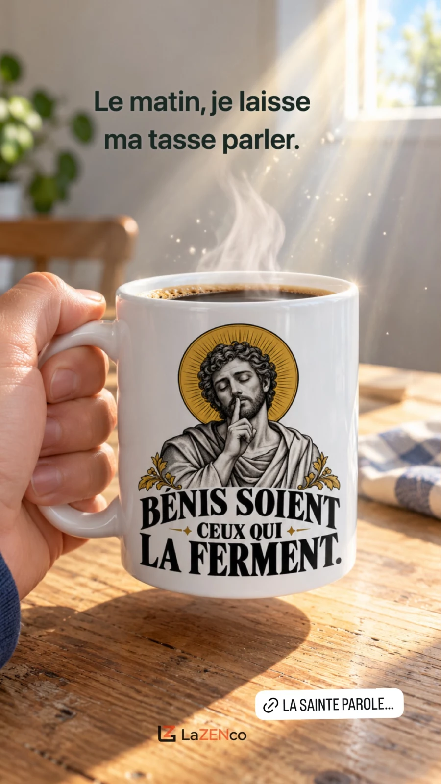 Une main tient le mug blanc Bénis soient ceux qui la ferment au-dessus d’une table, dans un rayon de lumière céleste.