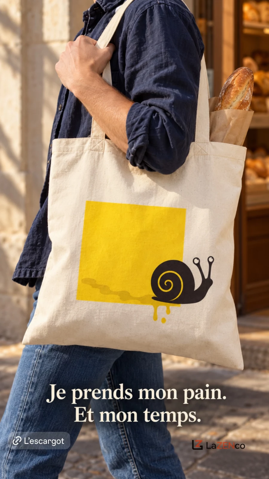 Tote bag écru avec un escargot noir sortant du carré jaune, porté au retour de la boulangerie.