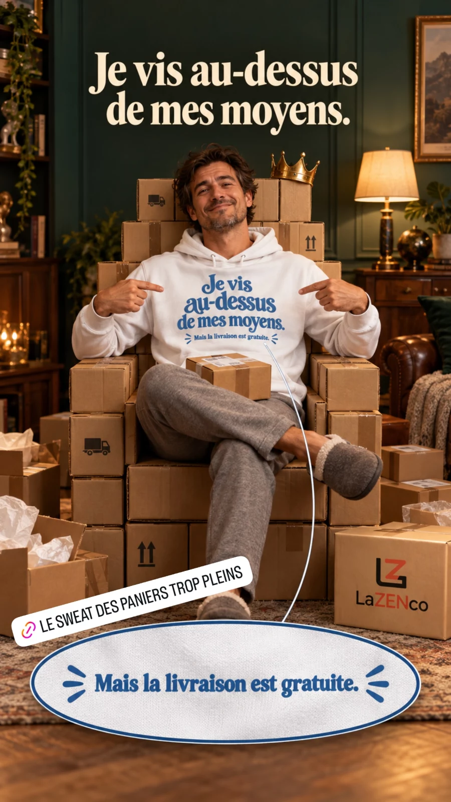 Un homme en sweat blanc Je vis au-dessus de mes moyens est assis sur un trône de cartons ; une loupe révèle Mais la livraison est gratuite.