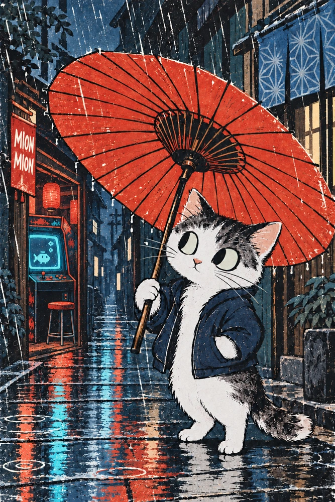 Chat gamer sous la pluie — Encore une partie