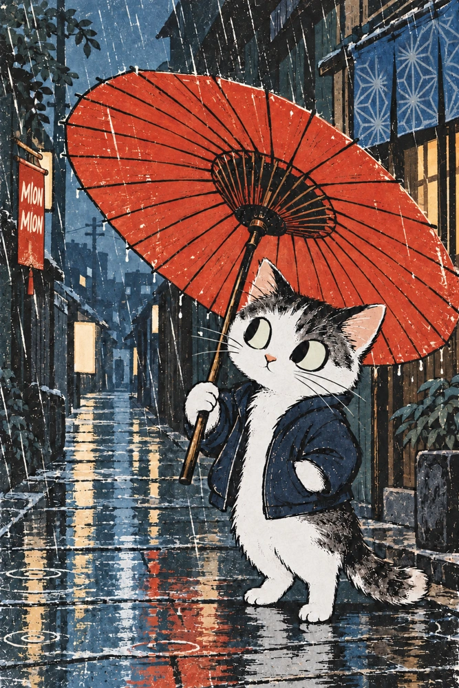 Chat au parapluie rouge — Roi de la pluie