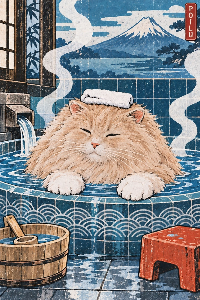 Chat roux au bain japonais — Vapeur douce