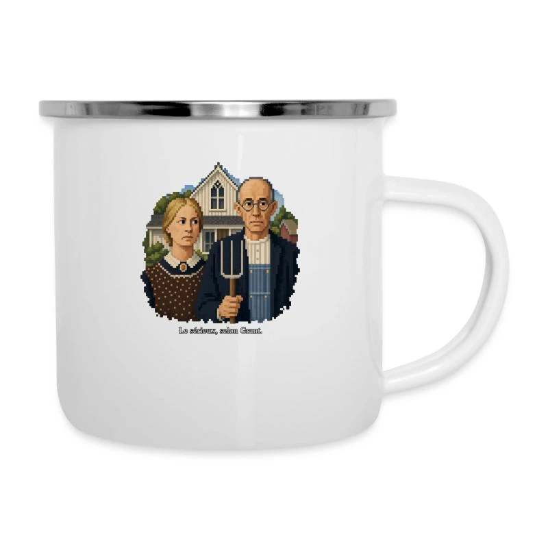 American Gothic en pixel art sur Tasse émaillée · blanc