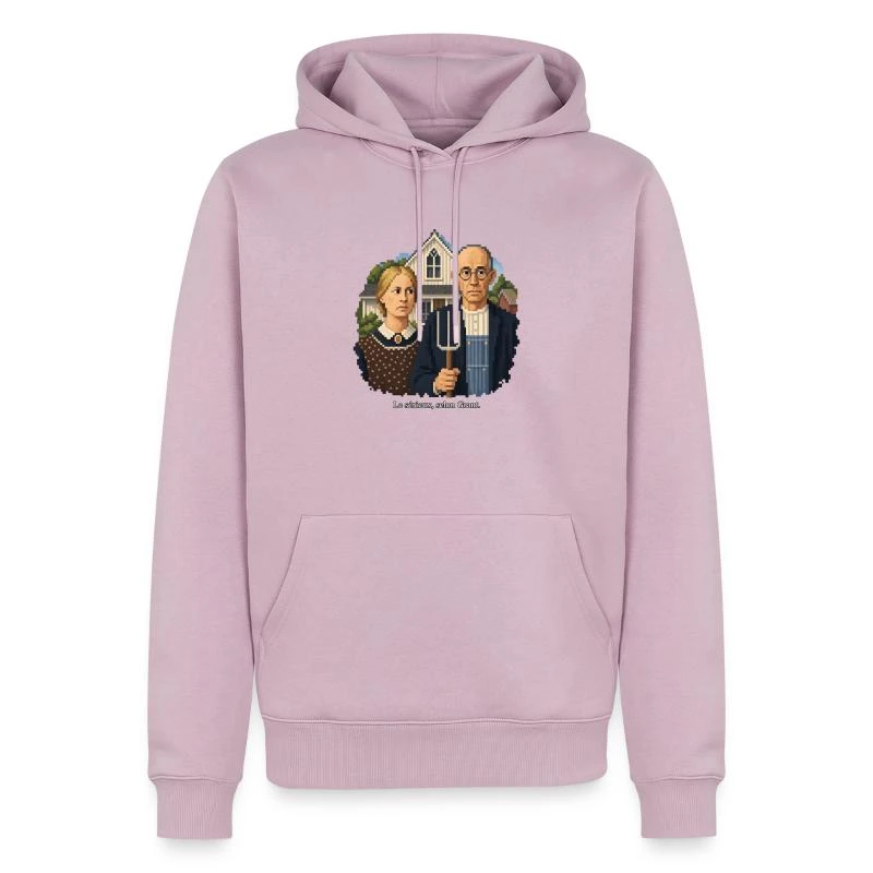American Gothic en pixel art sur Sweat à capuche Premium bio Homme · rose poudré