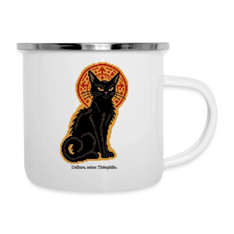 Le Chat Noir en pixel art sur Tasse émaillée · blanc