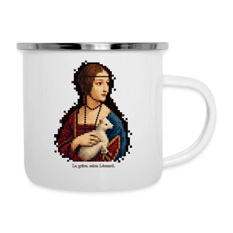 La Dame à l’hermine en pixel art sur Tasse émaillée · blanc