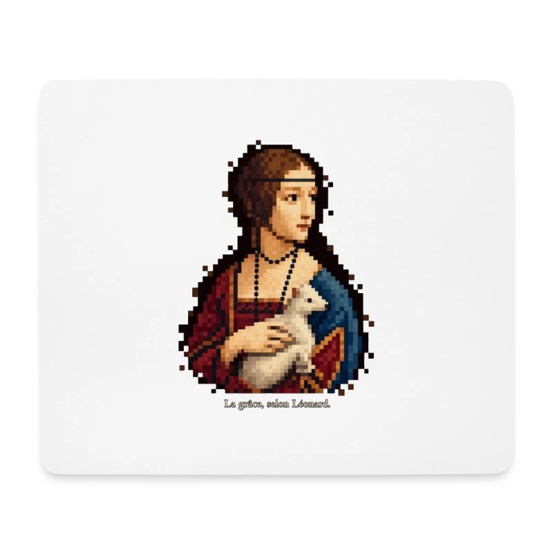 La Dame à l’hermine en pixel art sur Tapis de souris · blanc