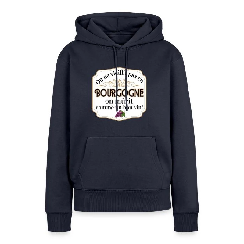 On mûrit comme un bon vin — Cartouche doré — Sweat à capuche Premium bio Femme, bleu marine