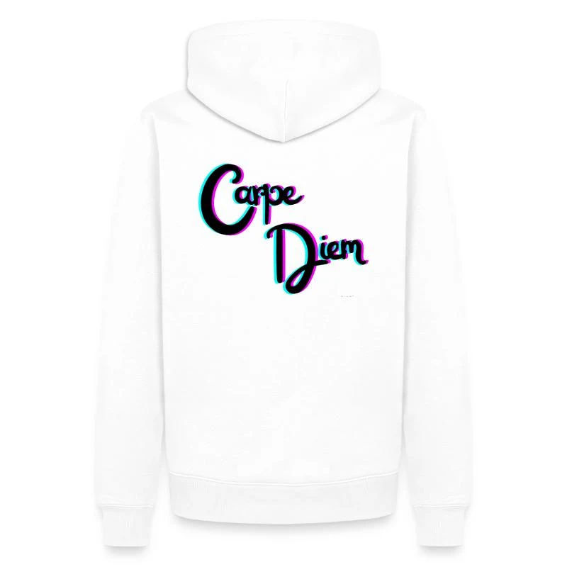 Carpe Diem — Typographie rose et turquoise — Sweat à capuche Premium bio Homme, blanc