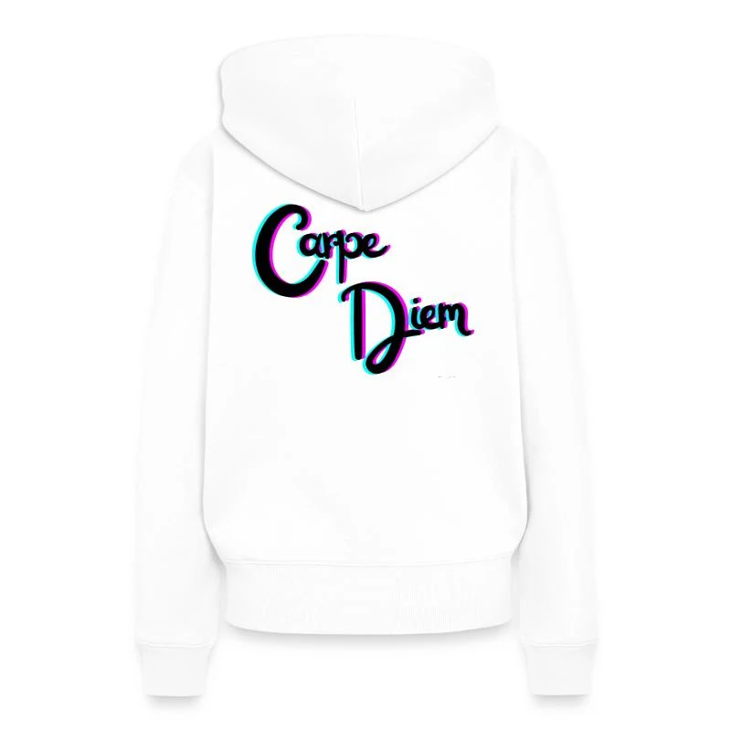 Carpe Diem — Typographie rose et turquoise — Sweat à capuche Premium bio Femme, blanc