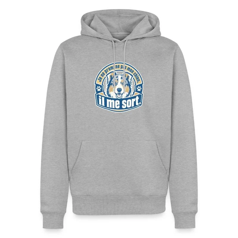 Je ne promène pas mon chien, il me sort — Écusson — Sweat à capuche Premium bio Homme, gris chiné