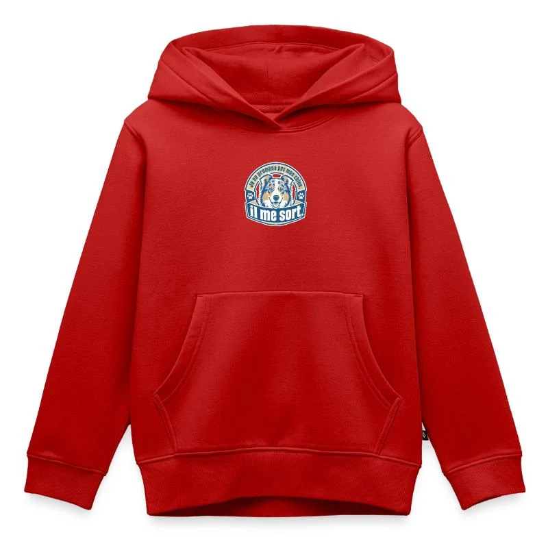 Je ne promène pas mon chien, il me sort — Écusson — Sweat Premium à capuche enfant bio, rouge