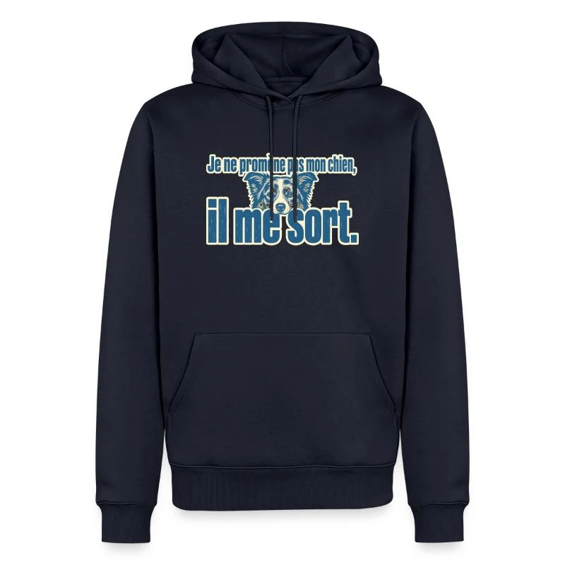 Je ne promène pas mon chien, il me sort — Portrait — Sweat à capuche Premium bio Homme, bleu marine