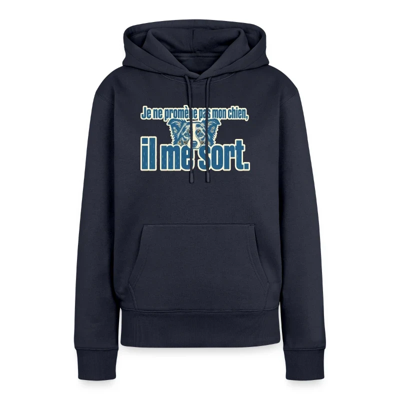 Je ne promène pas mon chien, il me sort — Portrait — Sweat à capuche Premium bio Femme, bleu marine