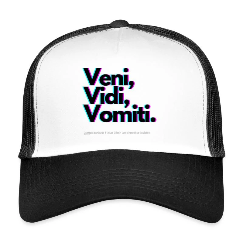 Veni, Vidi, Vomiti — Parodie latine — Casquette trucker , blanc/noir