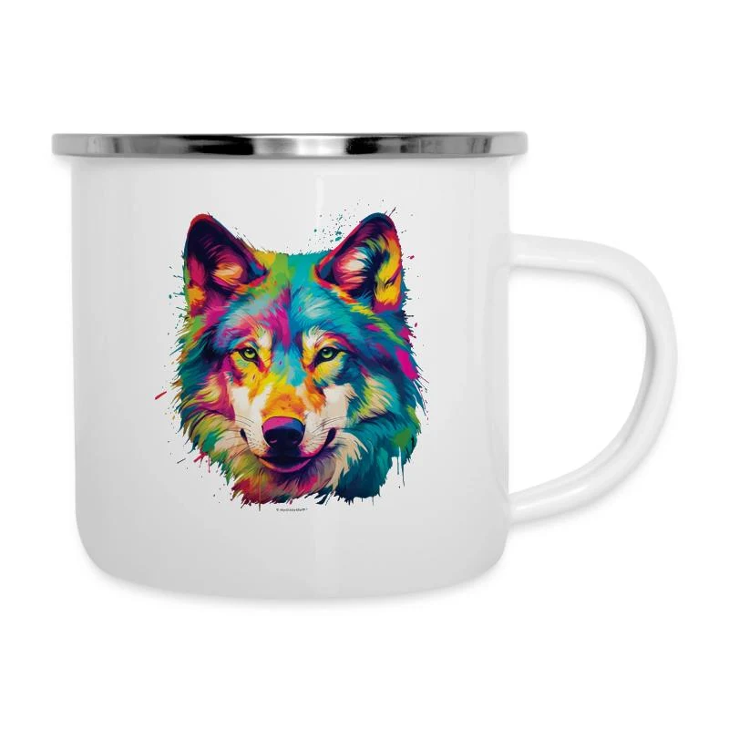 Loup multicolore — Portrait pop art — Tasse émaillée, blanc