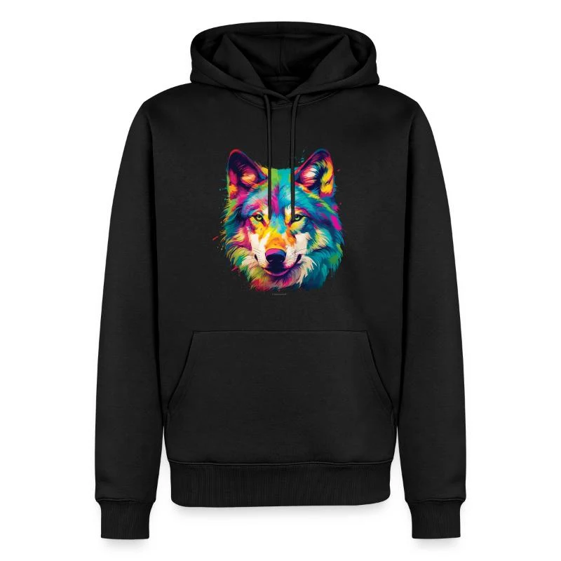 Loup multicolore — Portrait pop art — Sweat à capuche Premium bio Homme, noir