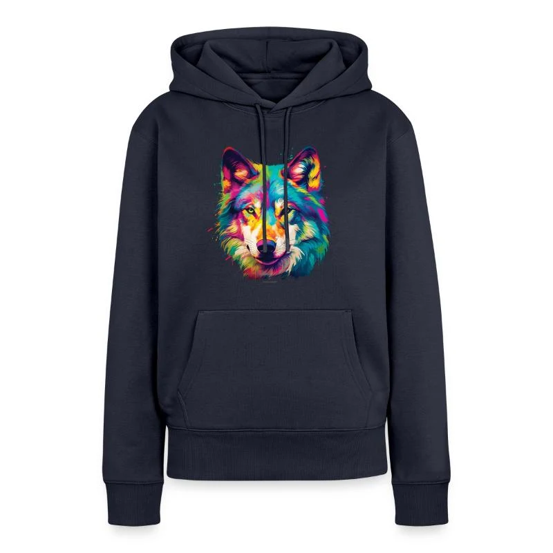 Loup multicolore — Portrait pop art — Sweat à capuche Premium bio Femme, bleu marine
